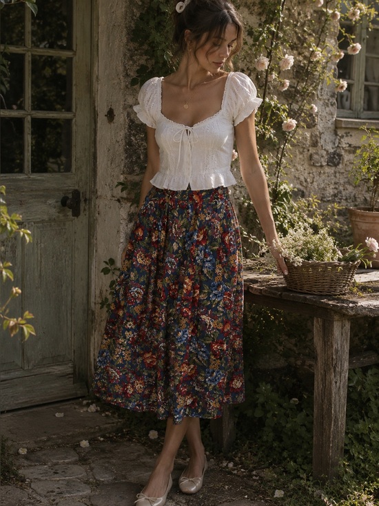 Susan Bristol Dresses & Skirts - VTG Susan Bristol Floral Midi Button Front Skirt Pockets 100% Cotton Cottagecore